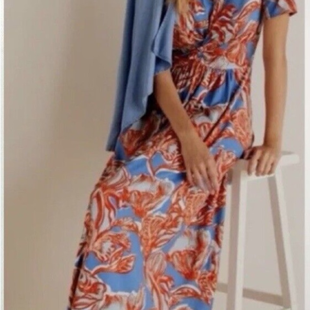 Soft Surroundings “Spritzer” Blue and Orange v neck Maxi Dress